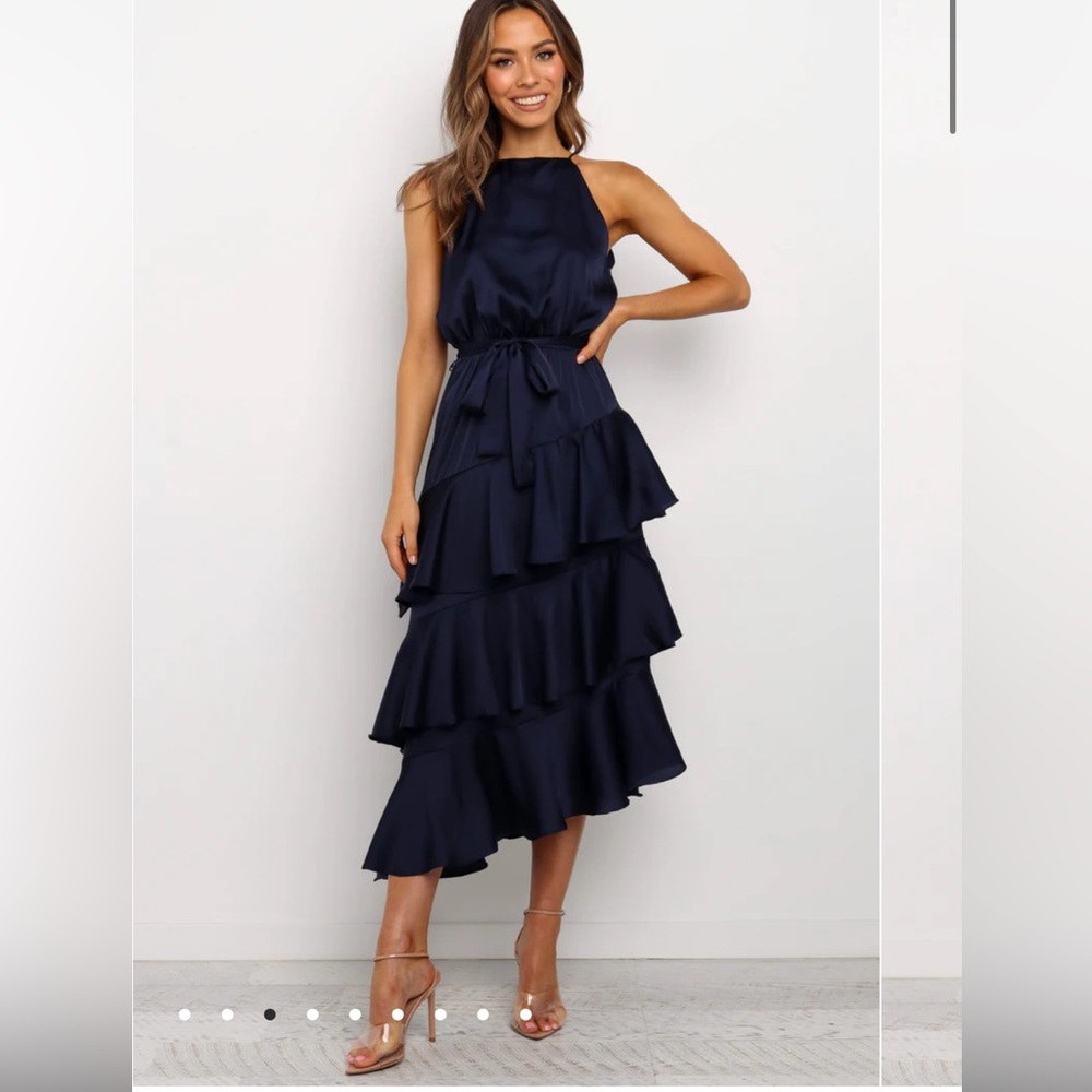 Petal and Pup Seychelle Dress in Navy - Satin tiered midi dress